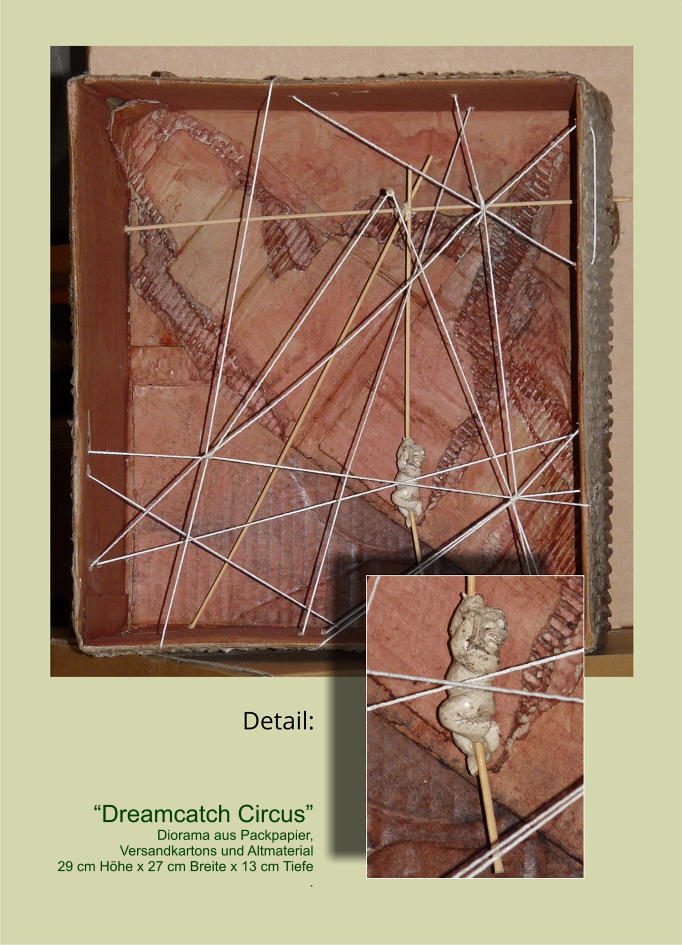 “Dreamcatch Circus” Diorama aus Packpapier, Versandkartons und Altmaterial 29 cm Höhe x 27 cm Breite x 13 cm Tiefe .